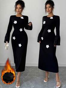 Modelyn Elegant Floral Jacquard Long Sleeve Midi Dress For Women,Daisy Flower Applique Black And White Autumn Dining Dress - Black - View 1