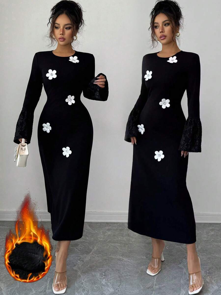 Modelyn Elegant Floral Jacquard Long Sleeve Midi Dress For Women,Daisy Flower Applique Black And White Autumn Dining Dress - Black - View 1