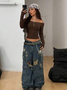 Coolane 女士日常外出穿的垃圾摇滚风灰黑条纹针织露肩长袖T恤