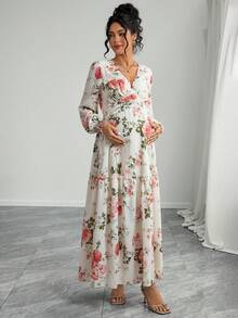 Momance Maternity Floral Print V-Neck Long Sleeve Ruffle Hem Elegant Dress - Multicolor - View 6