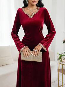 Al Najma Elegant Velvet Long Sleeve Modest Dress, Arabic Style For Women Velvet Dresses Wine Red Dress - Burgundy - View 6