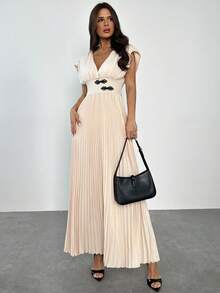 Firerie 女士优雅休闲新款时尚通勤日常 V 领纽扣高腰 A 字褶皱杏色长裙，夏季 - 杏色 - 查看 5