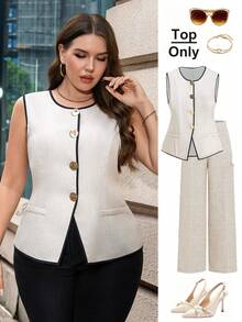Ellevyn Curvy Plus Size Women's Business Casual Commuting Colorblock Sleeveless Shirt, Christmas,New Year,Thanksgiving - Multicolor - View 9