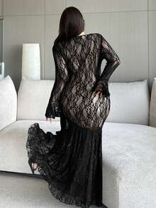 Flirla Plus Size Women's Contrast Lace Sexy Deep V-Neck Flare Sleeve Ruffle Hem Dress, Elegant For Daily Wear Corpse Bride Goth - Black - View 2