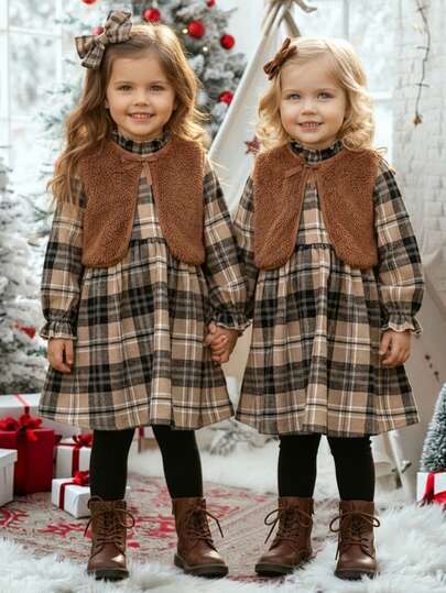 LMoss Kids LMoss   2pcs/Set Young Girl Solid Knit Fuzzy Vest & Plaid Casual Dress,Christmas,Styles Confortables D'automne&Hiver,Gemütliche Herbst- & Winterstile,Cozy Fall & Winter Styles,Winter Clothes
