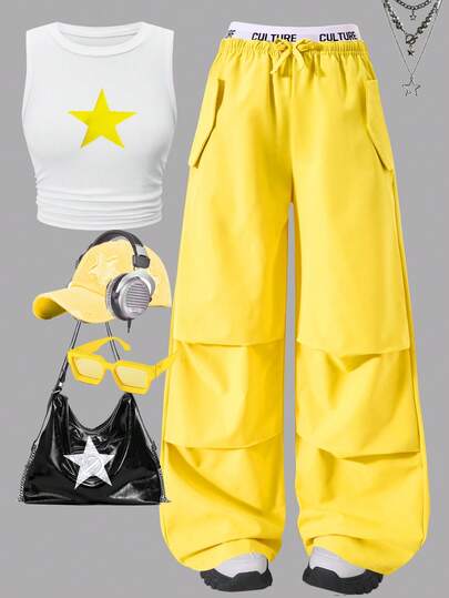 SHEIN 2pcs/Set Teenage Girls Star Print Side Drawstring Vest Paired With Waist Color Block Cargo Pocket Pants, Casual Street Style, Spring/Summer