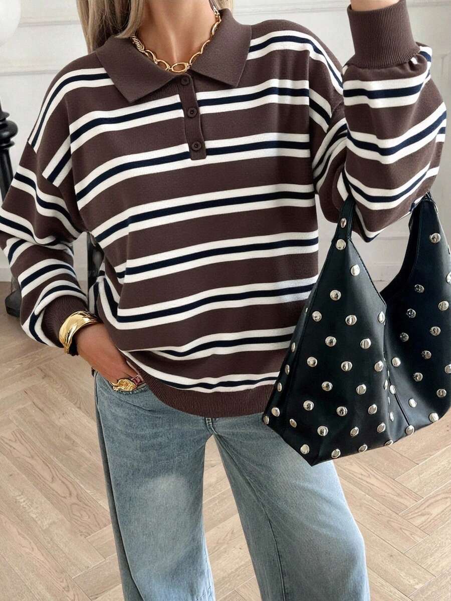 Livesso Women's Autumn Retro Striped Turtleneck Sweater - Coffee Brown - View 1