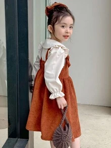 SHEIN 年轻女孩休闲领口纽扣长袖衬衫/围裙套装 - 彩色 - 查看 5