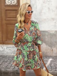 Brillora 女式度假腰果印花系带灯笼袖时尚迷你连衣裙 - 彩色 - 查看 5