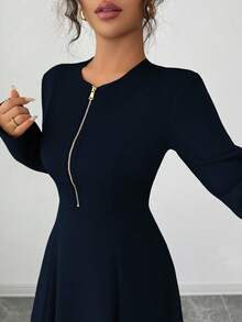 Elenzga Women's Elegant Coffee Brown Round Neck Front Zipper High-End Design Waist Fitted Flared Long Sleeve Midi Dress, Suitable For Commuting In Autumn - Navy Blue - View 4