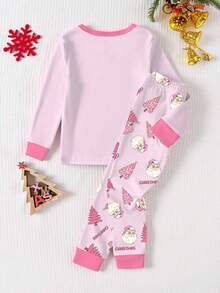2 件女孩圣诞老人图案睡衣套装，柔软亲肤舒适圆领长袖上衣和裤子，可爱的节日睡衣，圣诞节和新年礼物之选 - 粉色 - 查看 2