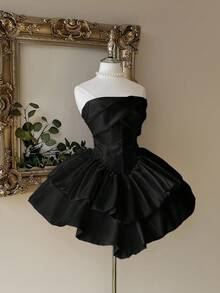 Lovelzi 优雅、奢华、高贵的白色缎面露肩收腰双层蛋糕裙，适合单身派对、婚礼、毕业典礼、度假、正式舞会 - 黑色 - 查看 6