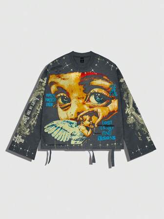 Street Life Vintage Street Style Distressed Saint Graphic Long Sleeve Crew Neck Men's T-Shirt