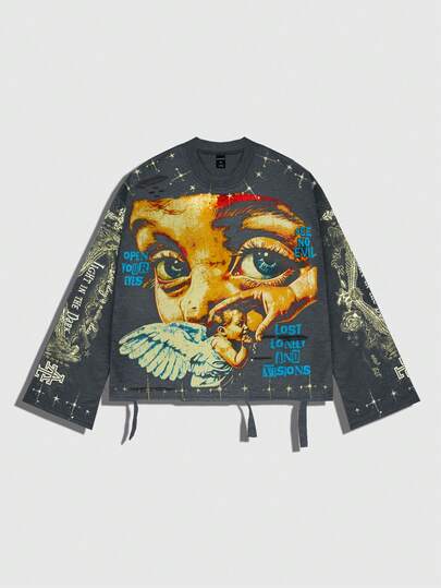 Street Life Vintage Street Style Distressed Saint Graphic Long Sleeve Crew Neck Men's T-Shirt