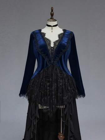 Top grande taille à col en V profond, style gothique, avec empiècement en dentelle et velours, ourlet asymétrique