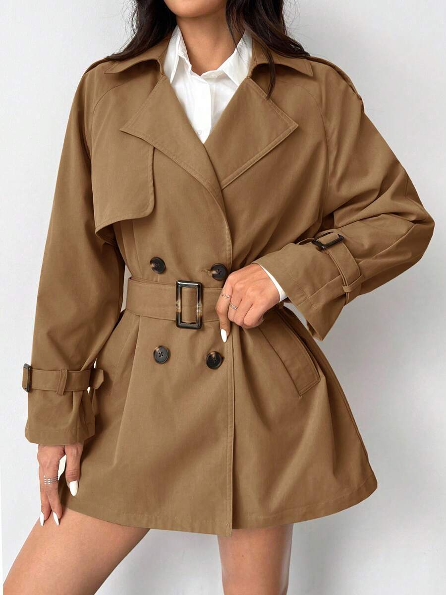 SHEIN EZwear 大码女式插肩袖腰带翻领休闲风衣秋冬女装 - 駝色 - 查看 1
