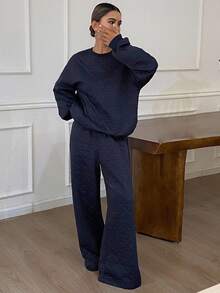 Livesso 2pcs Women's Thick, Loose, Business Casual Textured Houndstooth Crew Neck Sweatshirt And Wide Leg Pants Set, Suitable For Office Wear, Autumn/Winter Lounge Sets For Women - Navy Blue - View 8