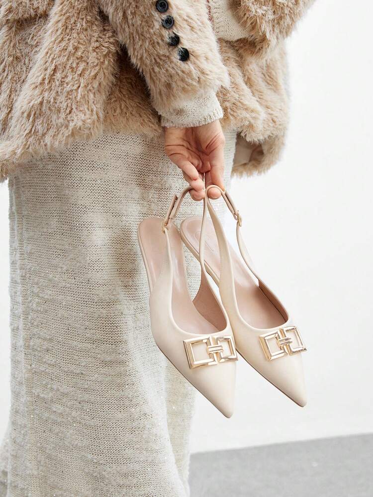 CUCCOO BIZCHIC Women's Square Buckle Pointed Toe Low Heel Flats, Comfortable Casual Slip-On Backless Shoes For Work And Daily Wear, Apricot Color For Christmas Spring Shoes
