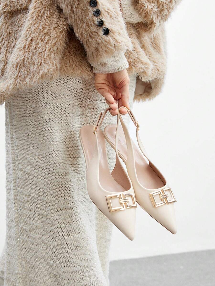 CUCCOO BIZCHIC Giày bệt đế thấp mũi nhọn khóa vuông cho nữ, giày lười hở lưng thoải mái, dễ mang, phù hợp để đi làm và mặc hàng ngày, màu mơ - Màu be - Xem 1