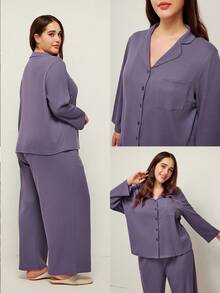 LUVLETTE Conjunto de pijama de talla grande de algodón suave y cómodo con textura de waffle a cuadros clásica, con top de manga larga y pantalones, ropa de otoño - Morado - Ver 2