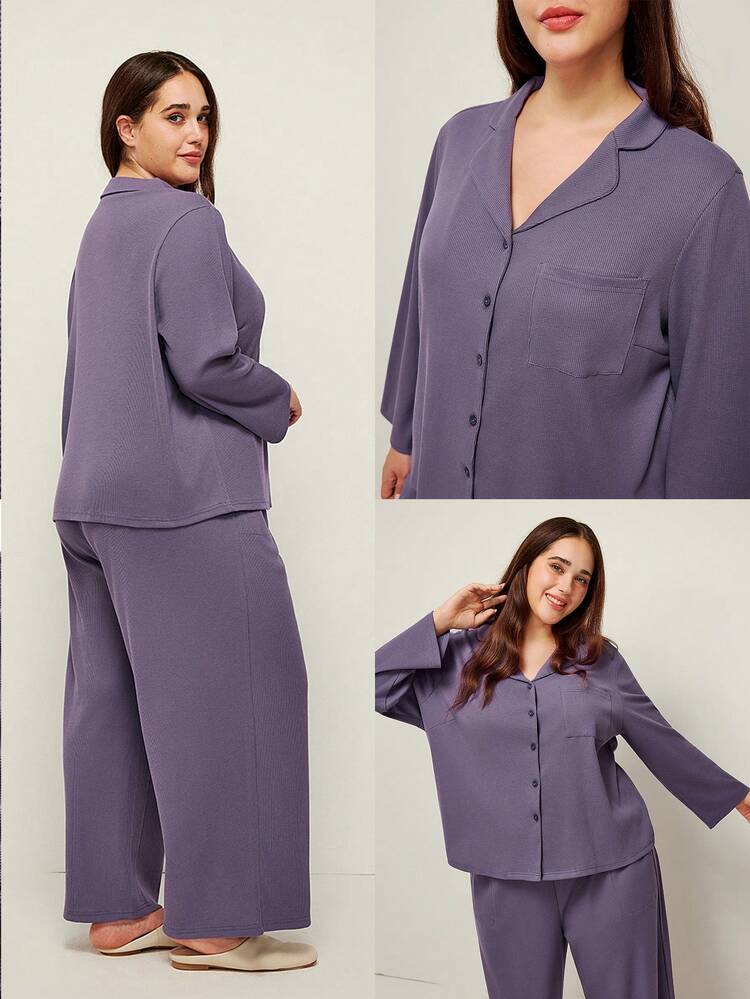 Women Plus Basic Comfortable Waffle Plaid Classic Loungewear Pajama Set