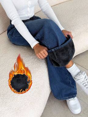 SHEIN Tall Jeans de mujer casuales y sueltos con bolsillos, forrados térmicamente, para mujer alta, jeans azules de mezclilla forrados térmicamente para otoño e invierno