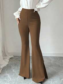Elenzga Women's Casual, Elegant, Romantic Sicily Style Solid Color Knit Flared Pants With Slit Hem, Suitable For Commuting, Vacation, Afternoon Tea, Party, Spring/Summer/Autumn