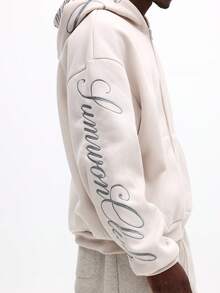 SUMWON Oversized Full Zip Hoodie With Script Print Casual Streetwear Sweatshirt,Suitable For Outdoor Music Festivals, Nightclubs, Bars, Boyfriend/Husband Gift, Anniversary Gift, Men Oversized Hoodie, Men Graphic Hoodie - White - View 2