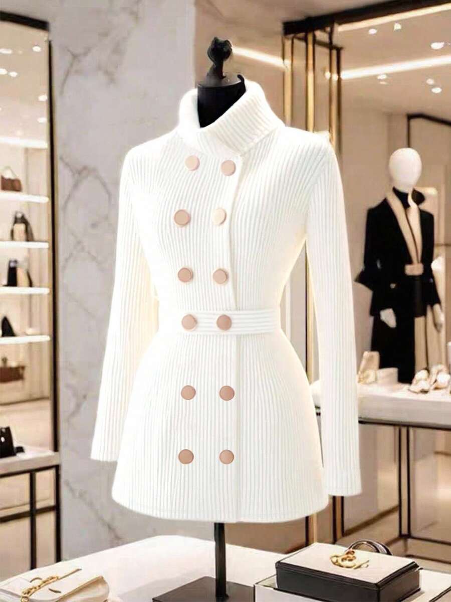 Franclia 优雅高领长袖针织连衣裙，装饰纽扣，收腰，修身 - 白色 - 查看 1