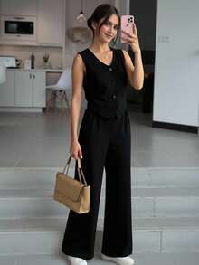 SHEIN Bộ 2 áo và quần họa tiết da báo Mỹ cổ điển cho bé gái tuổi teen - màu đen - Xem 5