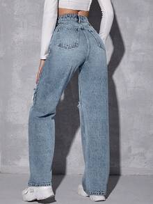 SHEIN ICON Pantalones vaqueros de mujer de mezclilla casual con bolsillo delantero y efecto desgastado - Neblina azul - Ver 2