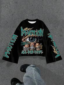 Manfinity ZONE917 Men Street Style Boxy Cropped Loose Distressed Dark Eye Slogan Diamond Ring Graffiti Print Flare Sleeve T-Shirt, Fall