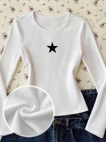 Tween Girls' White Round Neck Thermal Lined Long Sleeve Star Pattern Tight Fit Base Layer Pullover T-Shirt,Autumn Casual School Winter Tops - White - View 9