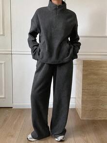 Livesso 2pcs Women's Thermal Lined Loose Fit Solid Pullover Sweatshirt And Straight Leg Sweatpants Set,Dark Grey Winter Casual Lounge Business Outfit - Dark Grey - View 7