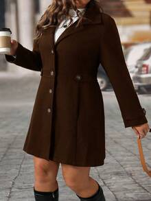 EMERY ROSE Black Lapel Button Decor Waist Cinched Mid-Length Women Overcoat - Coffee Brown - View 4