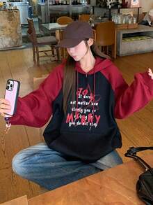DAZY Sudadera con capucha de manga raglán para mujer, estilo coreano - Rojo - Ver 10