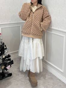 FRIFUL 女士立领落肩长袖心形下摆抽绳宽松休闲百搭常规外套，秋冬女式外套 - 杏色 - 查看 2