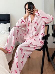 SHEIN Plus Size Women Christmas Candy Cane Striped Lapel Long Sleeve Top & Pants Pajama Set Curve Pajamas Set Pajama Sets For Women Long Sleeve Comfy Pajamas Set Women Pajama, Cozy Outfit, Fall Winter Clothes - Multicolor - View 1