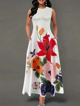 INAWLY Plus Size Floral Pattern Dress With Hidden Pockets, Summer