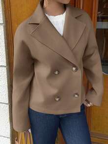 SHEIN Unity Áo khoác ngoài ngắn màu mơ, cổ khoét hai bên, cài nút hai hàng khuy, túi, tay dài, thời trang, đi làm, công sở, thường ngày, thanh lịch, cổ điển, học thuật, hàng ngày, hẹn hò, nữ, thu/đông - màu nâu - Xem 6