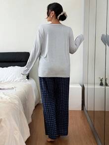 SHEIN 大码女式宽松休闲圆领长袖上衣和格子印花长裤睡衣套装，女式圆领睡衣，宽松柔软睡衣套装，秋季睡衣，女式家居服，舒适冬季套装 - 彩色 - 查看 2