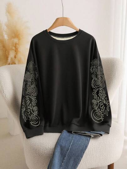 CosyJoli Lärarens dag Halloween Casual Mångsidig Plusstorlek Casual Långärmad Personlig Ärm Blommönster Lös Rund Halsad Pullover, Dam Höstkläder Lämplig För Höst Och Vinter