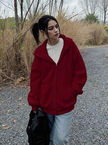 INAWLY Solva Women's Casual Loose Solid Color Zip-Up Sweatshirt - Red - View 4