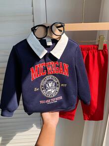 SHEIN Bộ 2 quần áo nỉ có mũ họa tiết chữ màu xanh navy dễ thương thời trang thu đông cho bé trai và quần cạp chun, thích hợp cho tiệc sinh nhật, tiệc rave, tiệc tối, biểu diễn, đám cưới, tháng đầu tiên, lễ rửa tội và lễ kỷ niệm sinh nhật đầu tiên, khách dự tiệc cưới, trang phục rửa tội cho tiệc chào đón em bé - Nhiều màu - Xem 5