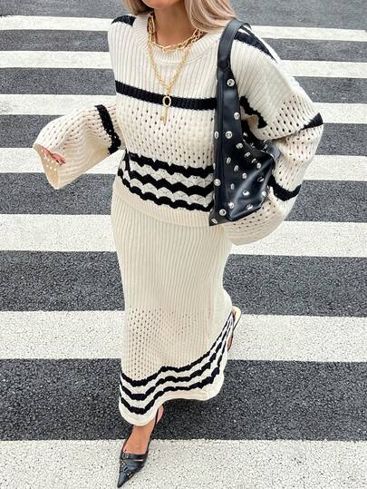 DAZY 女式休闲撞色条纹毛衣和裙子两件套，秋季