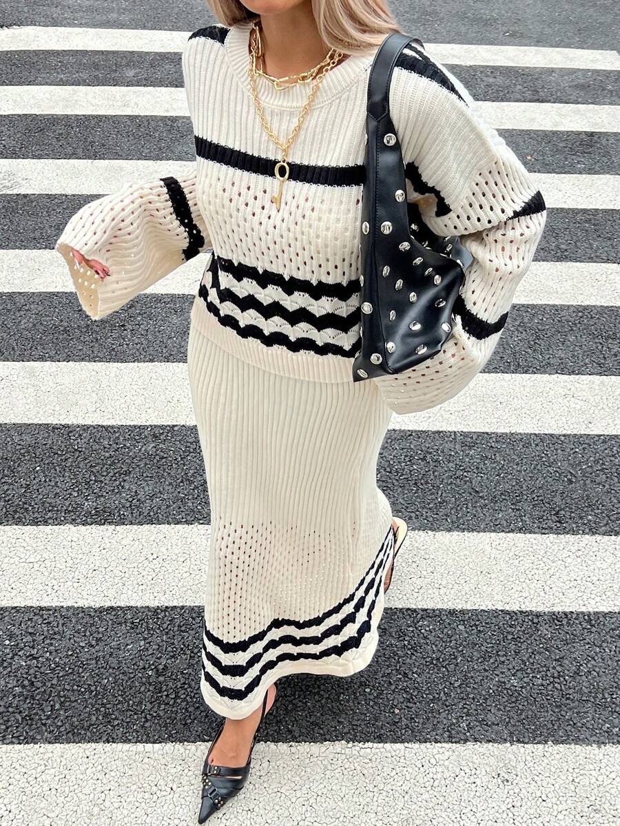 DAZY Women's Casual Contrast Striped Sweater And Skirt 2 Pieces Set, Autumn - Beige - View 1