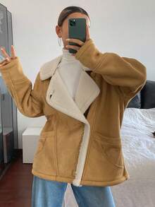 Livesso Áo khoác len cừu dáng rộng cổ bẻ mùa thu cho nữ - Màu Khaki - Xem 6