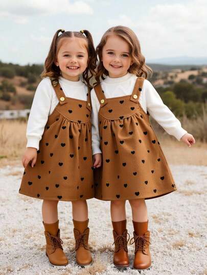 SHEIN Emery Rose Kids 年轻女孩婴儿女孩 Twims 女孩可爱优雅心形图案灯芯绒吊带连衣裙，秋冬，适合秋冬季，适合圣诞节、万圣节、派对穿着、日常穿着和学校日常穿着