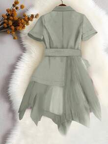 EMERY ROSE Women's Solid Color Lapel NeckShort Sleeve Mesh Hem Lightweight Jacket - Green - View 2