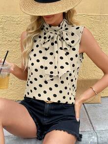 Franclia 时尚优雅百搭 H 型法式蝴蝶结波尔卡圆点宽松无袖女士衬衫，春夏 - 彩色 - 查看 5